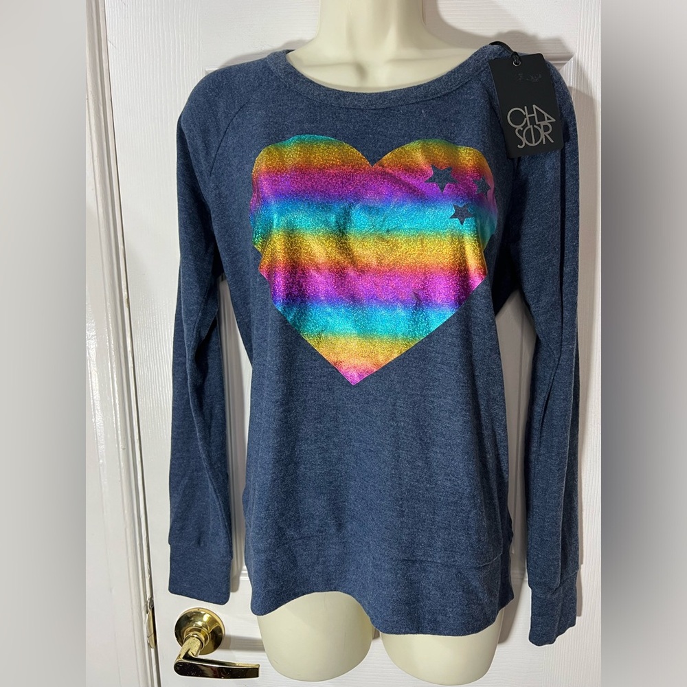 Chaser Starry Heart Top sparkle Rainbow with cut out stars Cozy Pullover Sz S